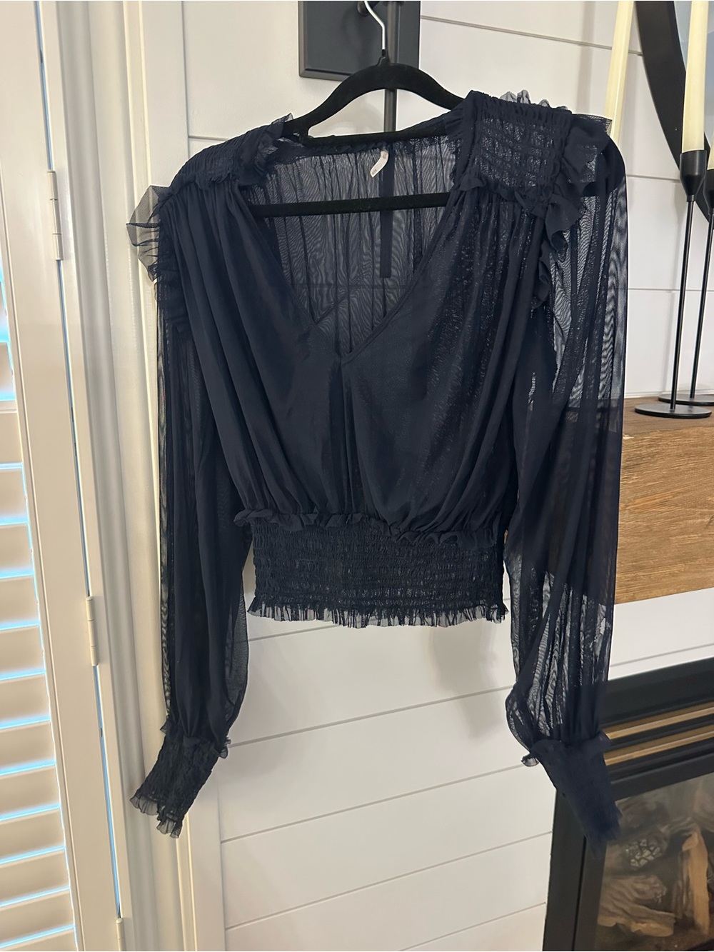 Free People Navy Sheer V-Neck Smocked Waist Blouse